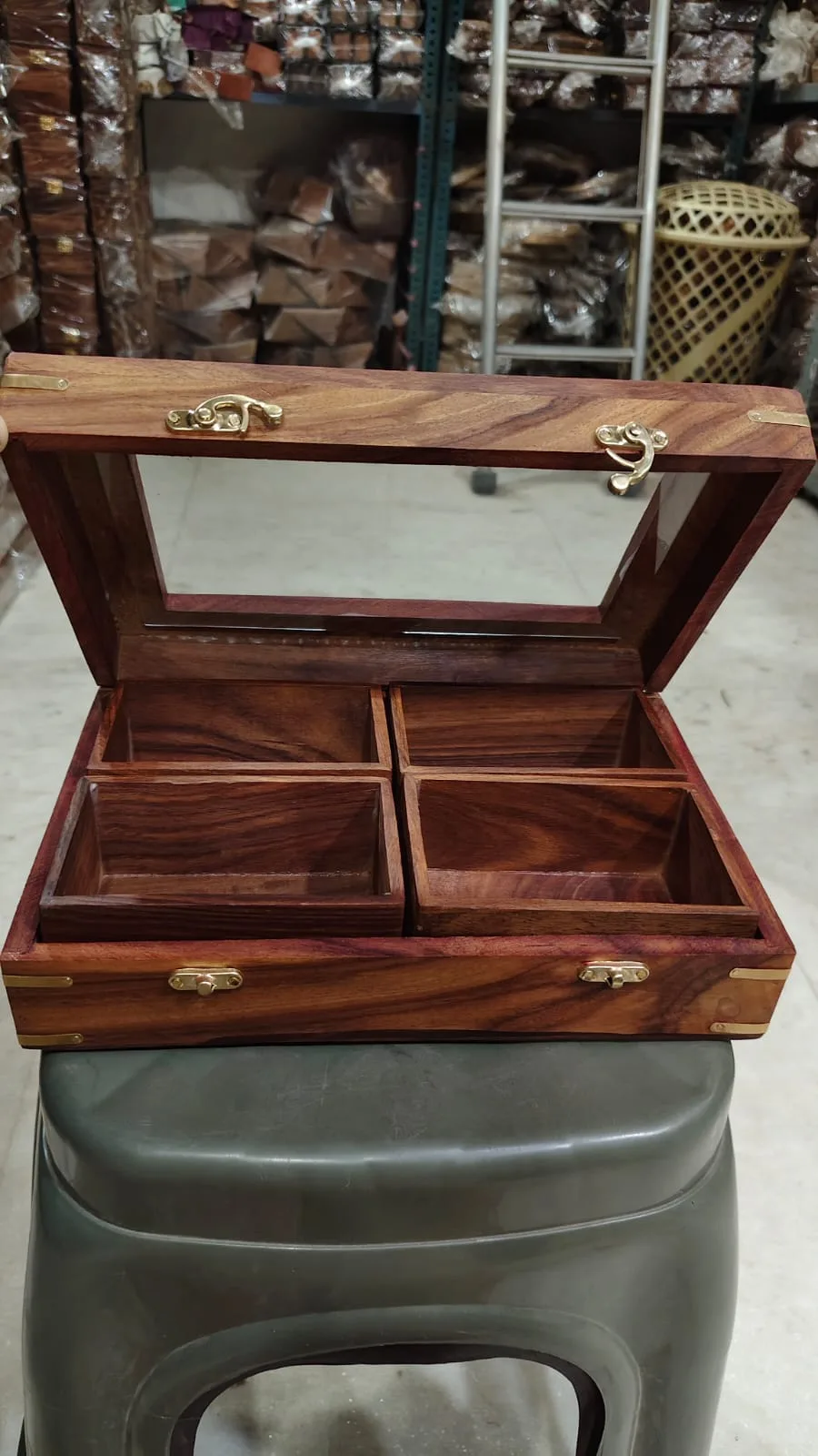 Wooden Dry Fruit Storage Box with Glass Lid and 4 Compartments view 3